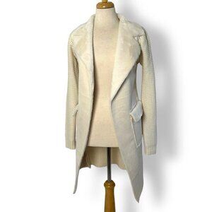 NWT Love Token Cream Faux Suede / Fur Open Long Coat Knit Sleeves Sweater Sz XS